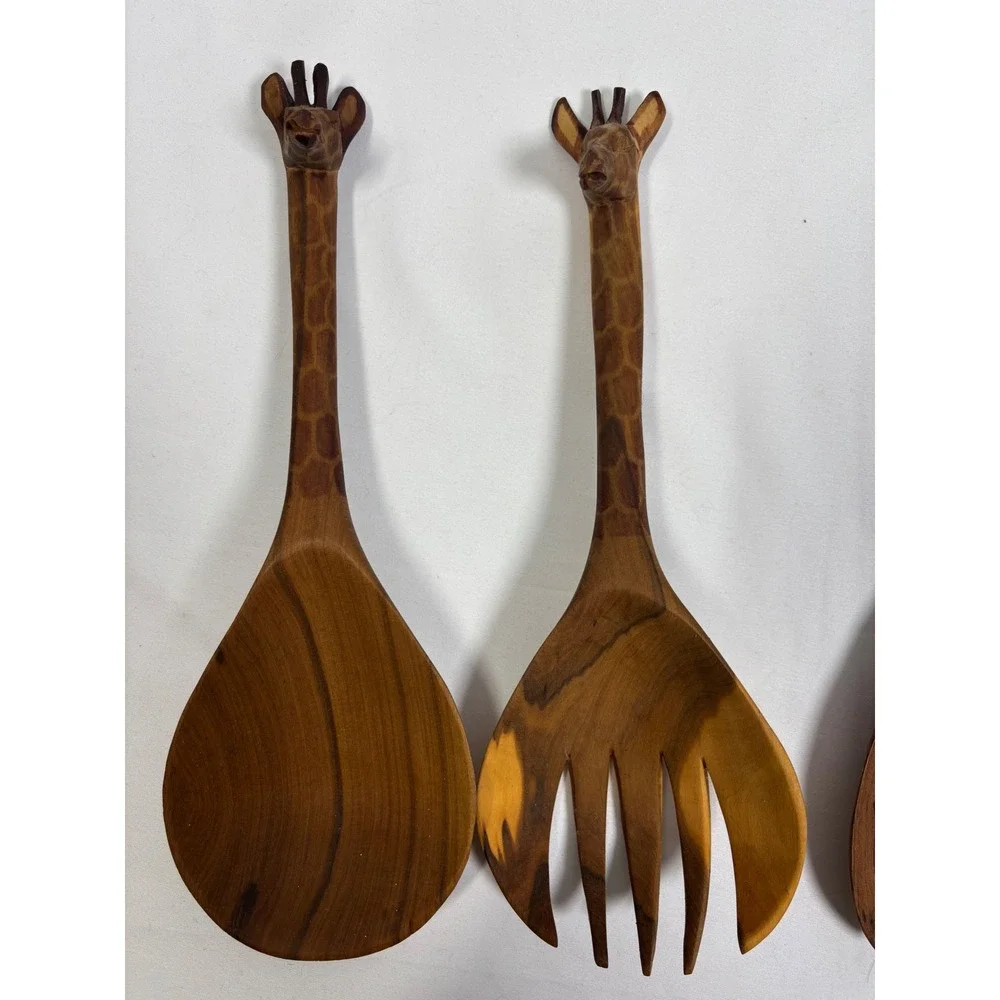 Vintage Hand Carved Wood Giraffe Salad Servers Ladle Set 4pc Safari Boho Decor